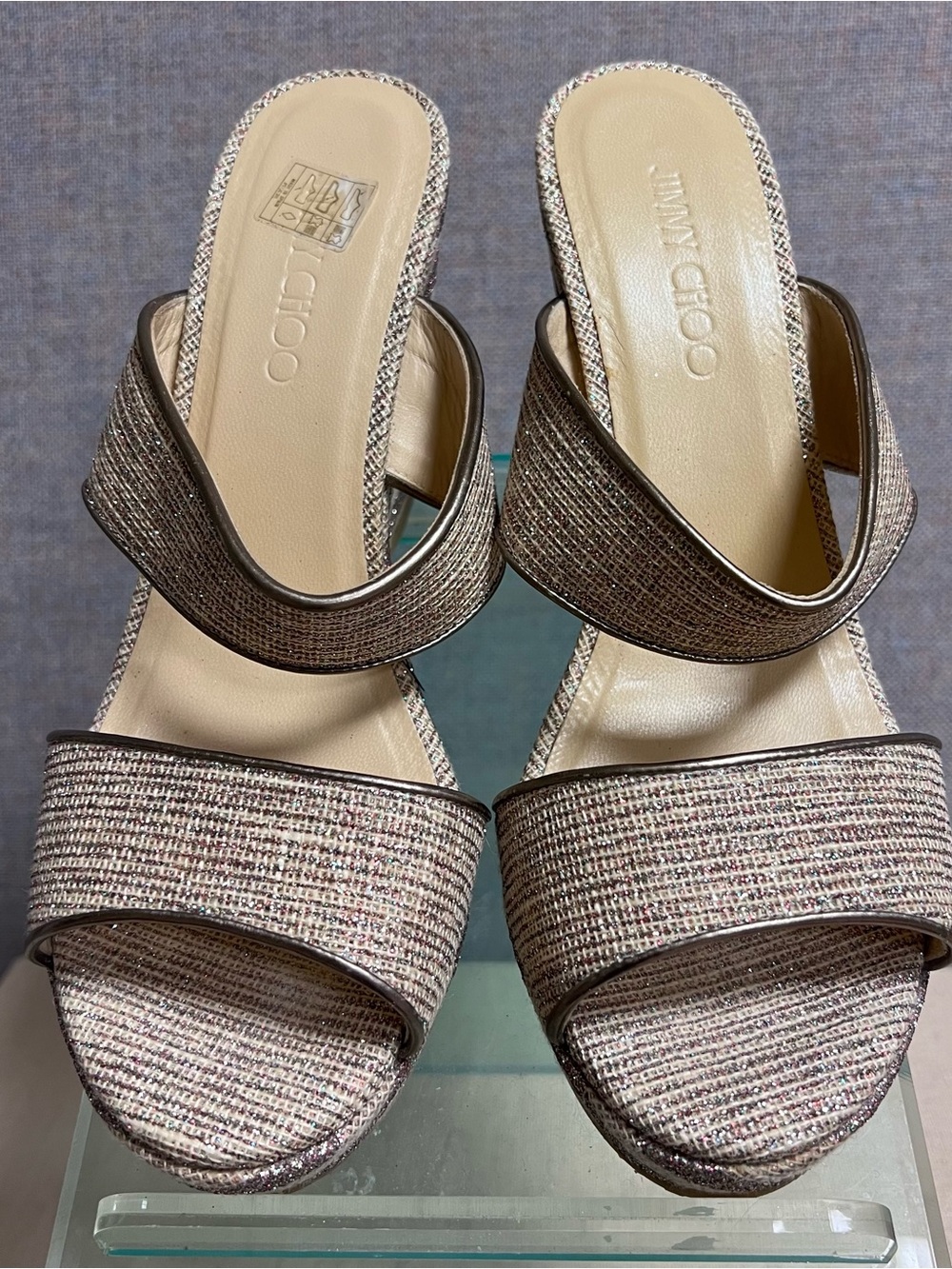Jimmy Choo Stripped Beige Wedge Shoes Sz 11